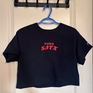 Puro SATX Champion Navy Crop Tee w/ red logo Southtown Supply Co. San Antonio